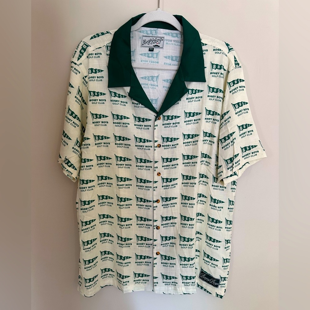 New Bogey Boys by Macklemore Flag Print Button Up Golf Shirt Ivory/Green